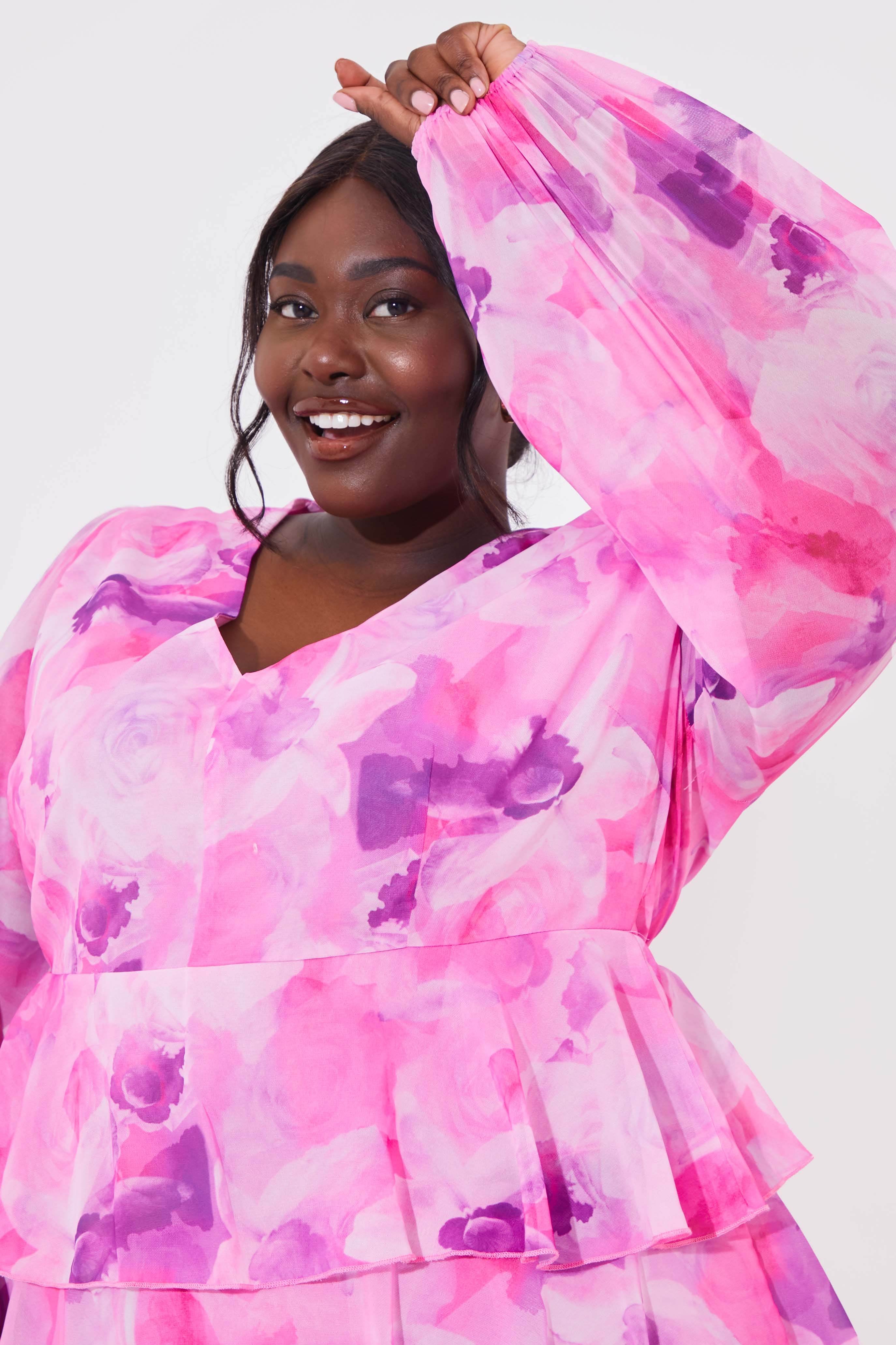 Abstract Floral Chiffon Frill Midaxi Dress - InTheStyle