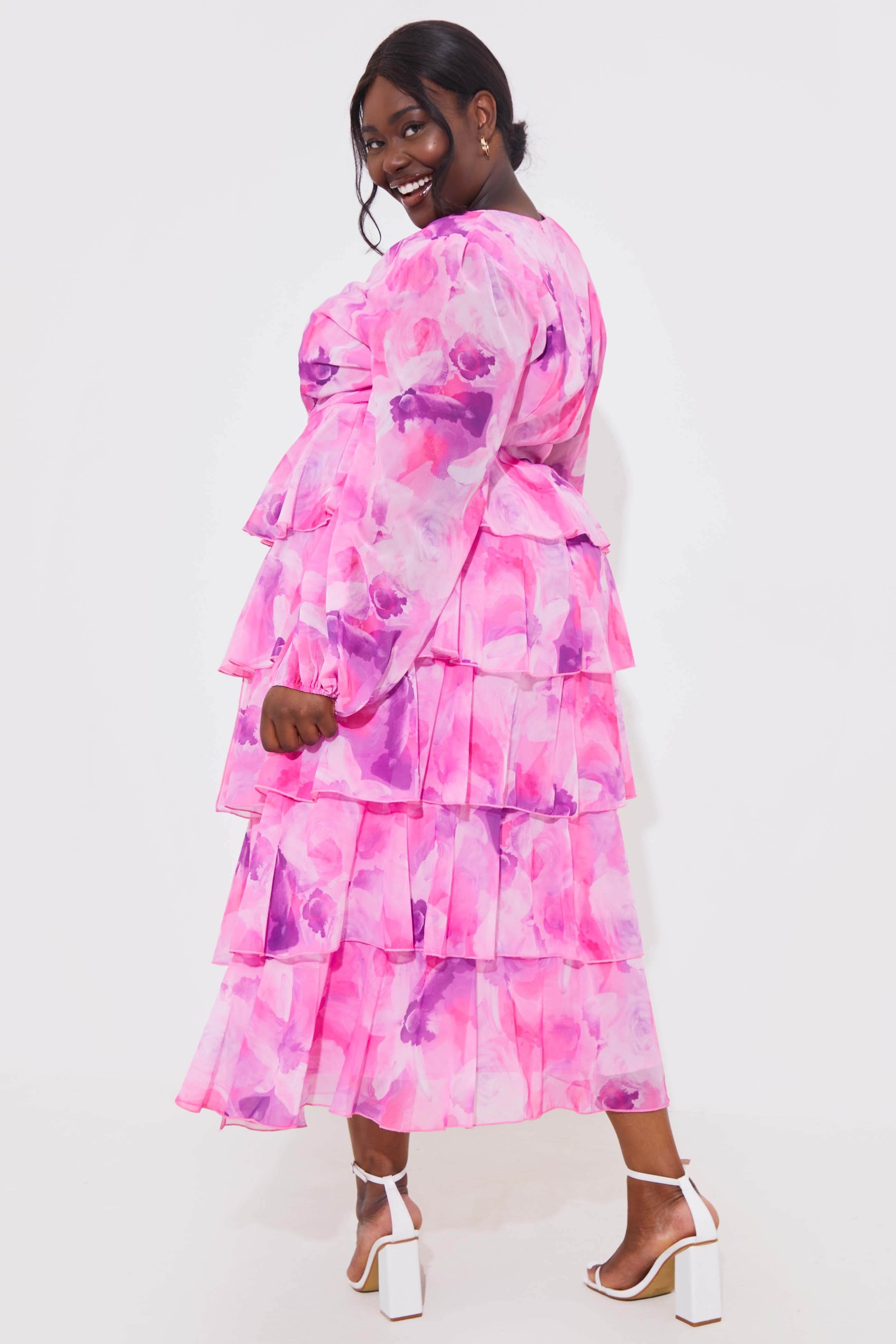 Abstract Floral Chiffon Frill Midaxi Dress - InTheStyle