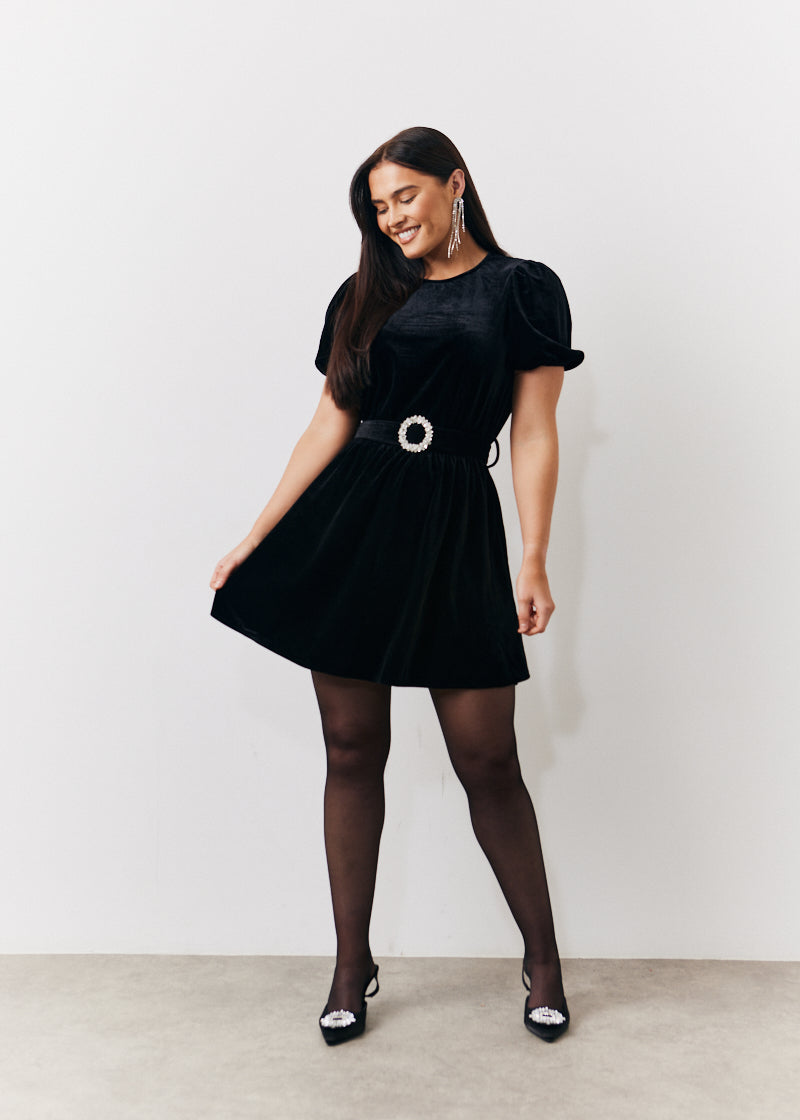 Velvet Embellished Belt Mini Dress