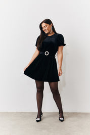 Velvet Embellished Belt Mini Dress