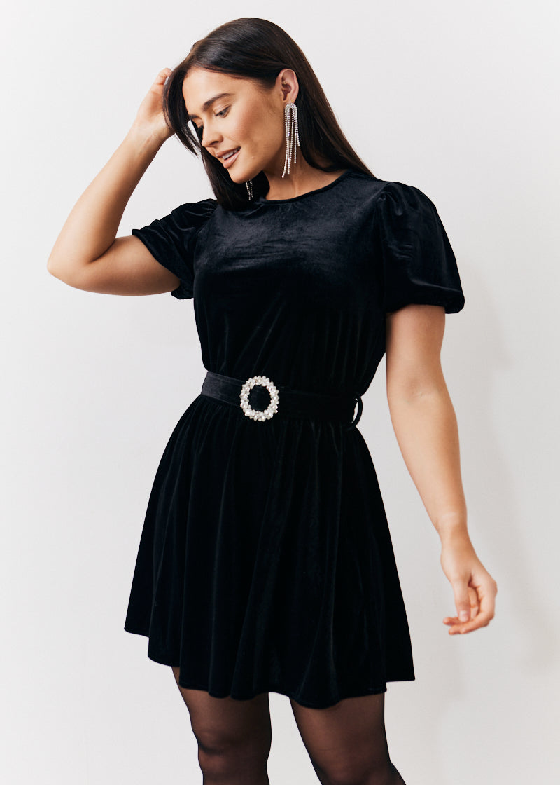 Velvet Embellished Belt Mini Dress