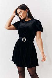 Velvet Embellished Belt Mini Dress