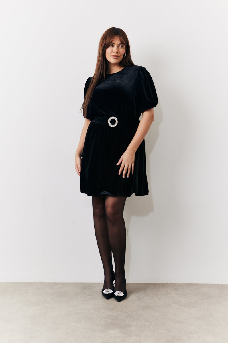 Velvet Embellished Belt Mini Dress