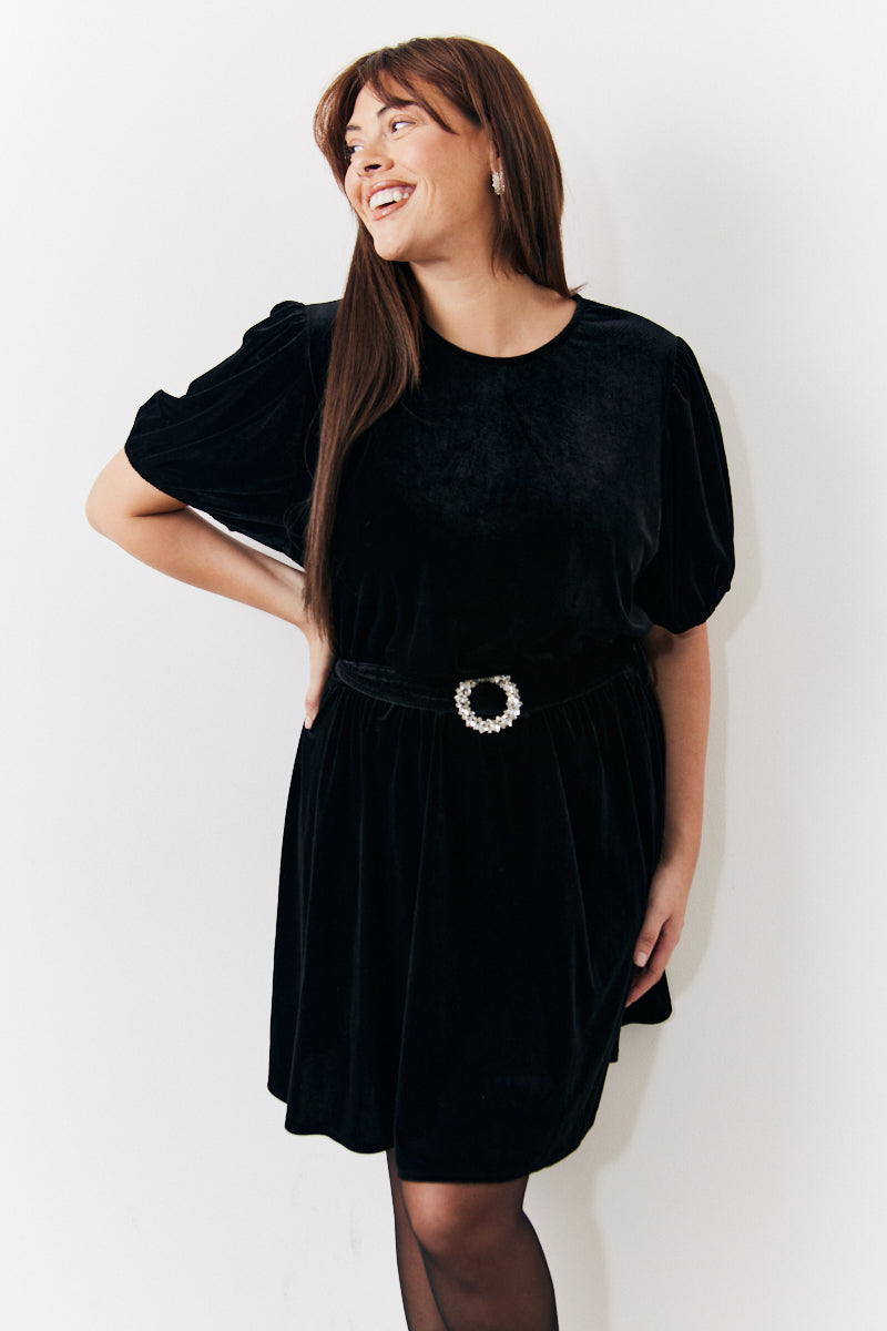 Velvet Embellished Belt Mini Dress