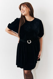 Velvet Embellished Belt Mini Dress