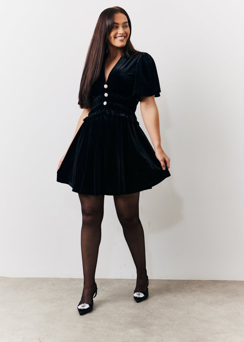 Velvet Mini Dress with Embellished Buttons