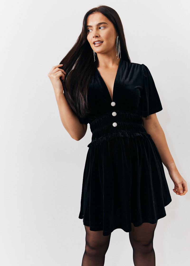 Velvet Mini Dress with Embellished Buttons