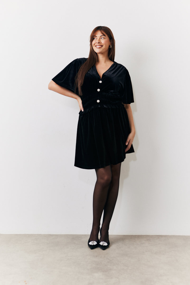 Velvet Mini Dress with Embellished Buttons