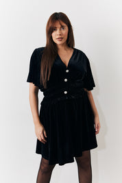 Velvet Mini Dress with Embellished Buttons