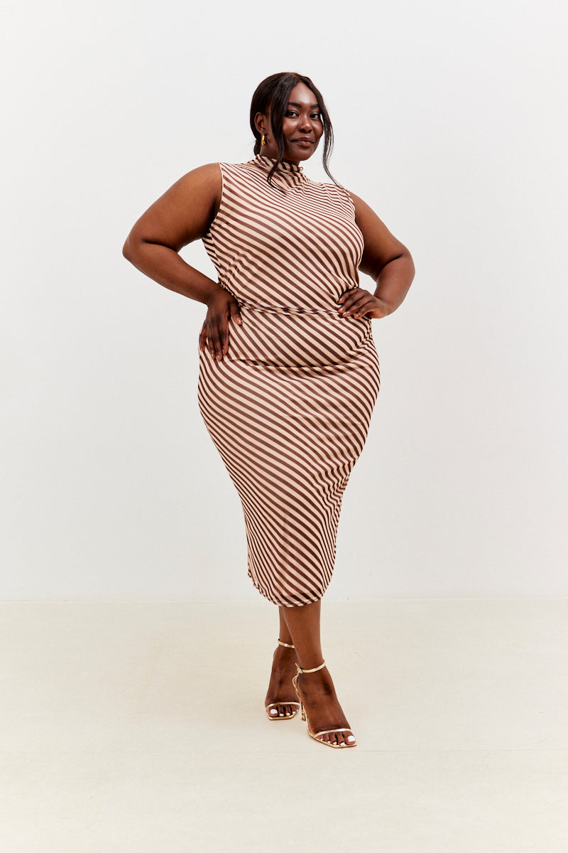 Stripe Printed Mesh Bodycon Midaxi Dress