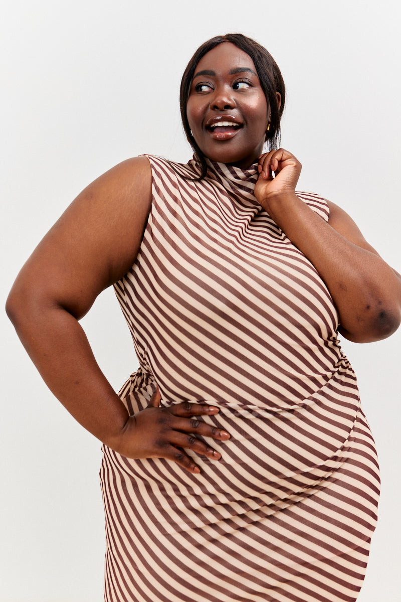 Stripe Printed Mesh Bodycon Midaxi Dress