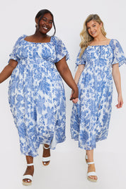 Floral Puff Sleeve Sweetheart Midi Dress