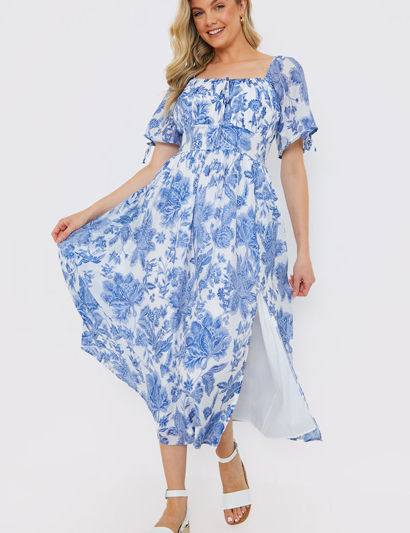 Floral Puff Sleeve Sweetheart Midi Dress