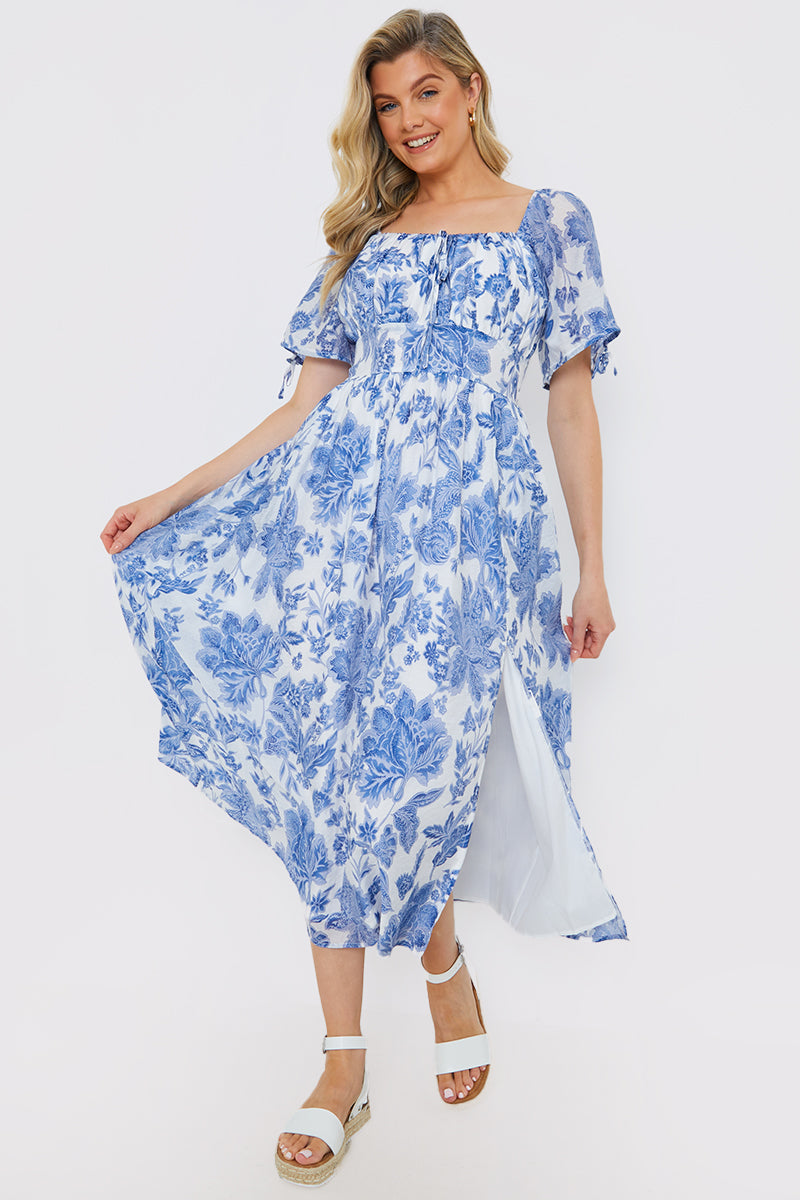 Floral Puff Sleeve Sweetheart Midi Dress