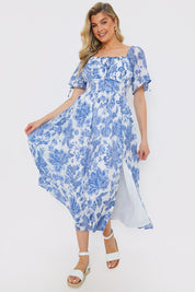 Floral Puff Sleeve Sweetheart Midi Dress
