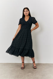 Spot v Neck Puff Sleeve Midaxi Dress