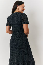 Spot v Neck Puff Sleeve Midaxi Dress