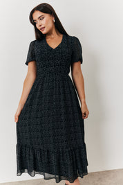 Spot v Neck Puff Sleeve Midaxi Dress