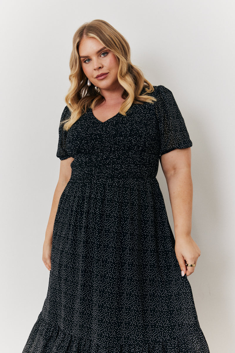 Spot v Neck Puff Sleeve Midaxi Dress