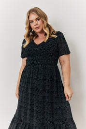 Spot v Neck Puff Sleeve Midaxi Dress
