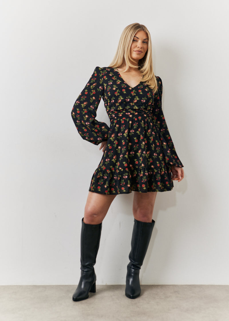 Rose Print Wrap Front Chiffon Mini Skater Dress