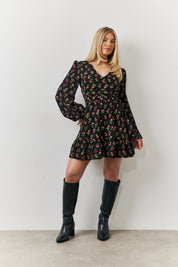Rose Print Wrap Front Chiffon Mini Skater Dress