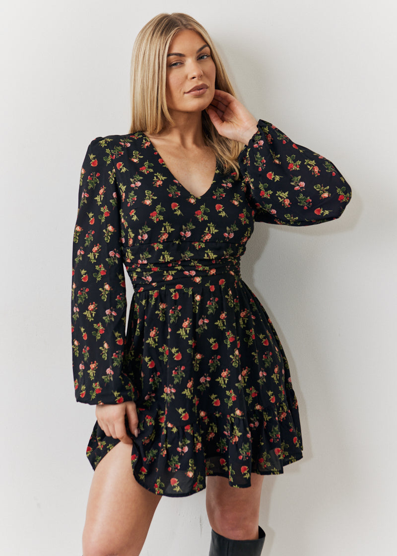 Rose Print Wrap Front Chiffon Mini Skater Dress