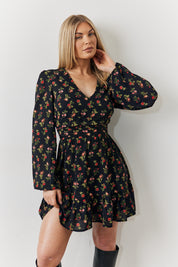 Rose Print Wrap Front Chiffon Mini Skater Dress