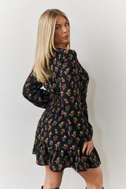 Rose Print Wrap Front Chiffon Mini Skater Dress