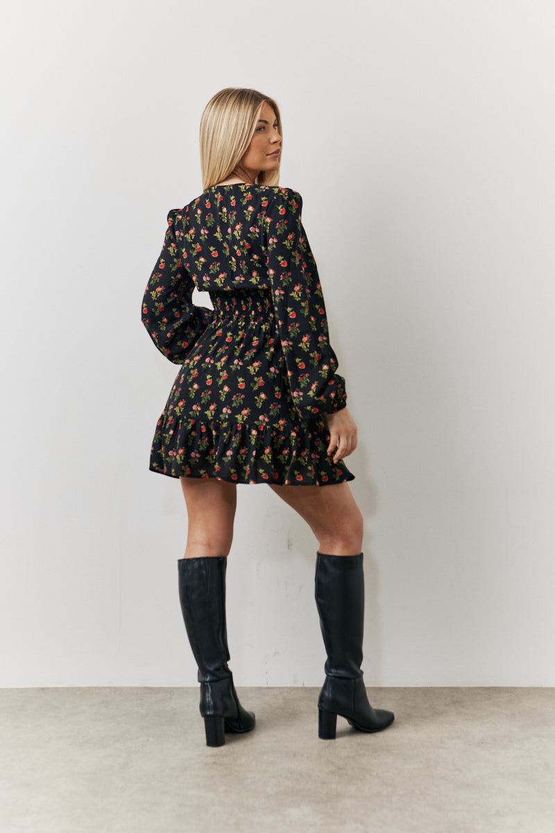 Rose Print Wrap Front Chiffon Mini Skater Dress