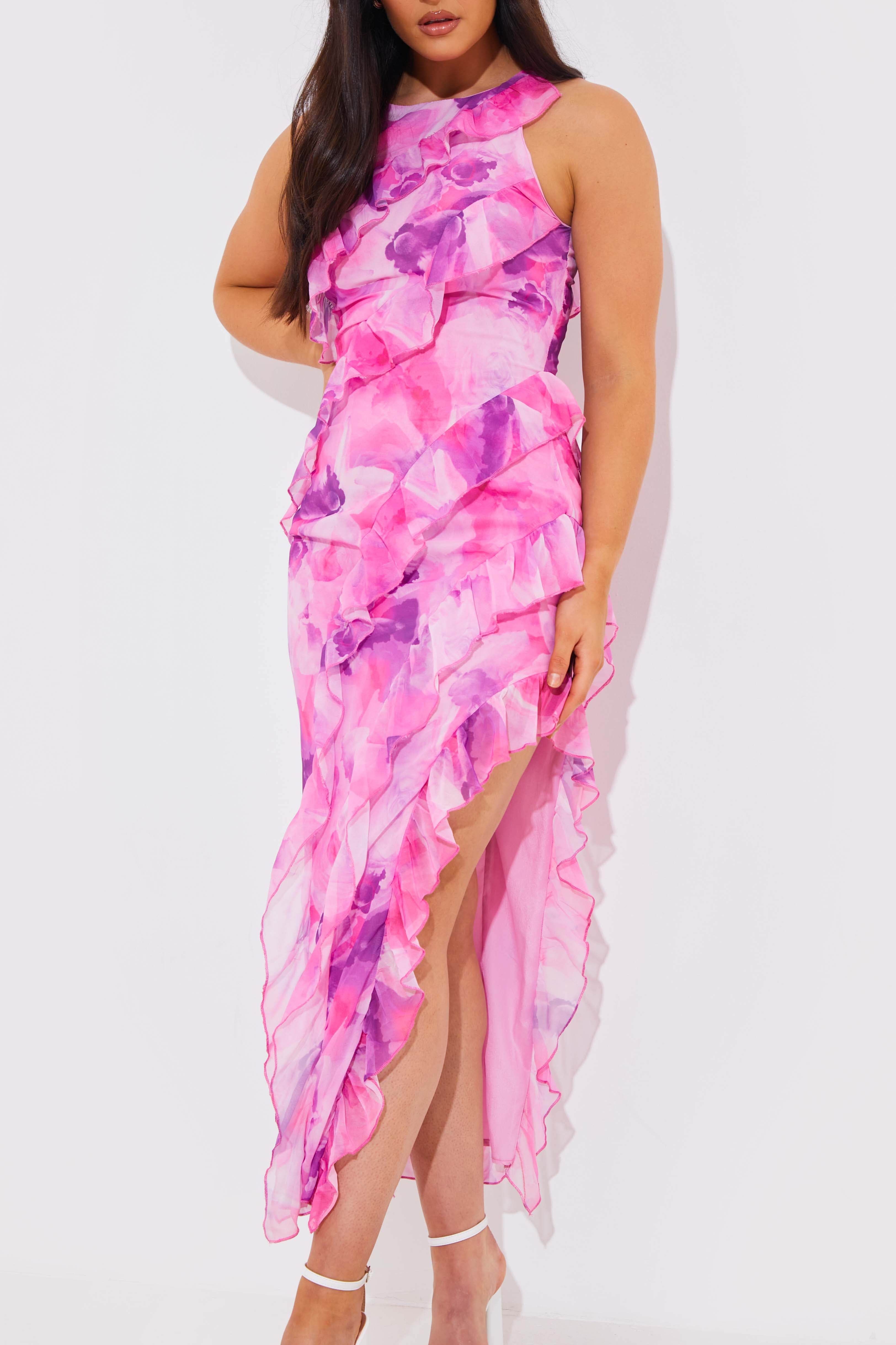 Abstract Floral Frill Detail Maxi Dress - InTheStyle