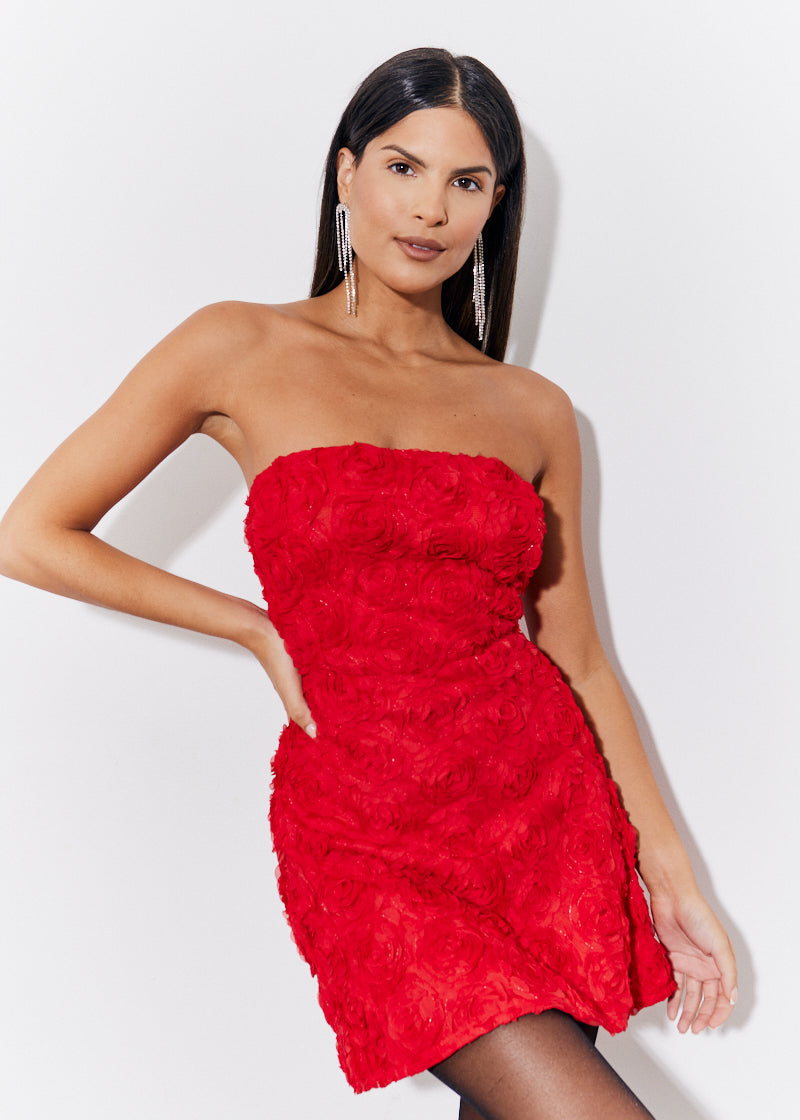 Red 3D Floral Bandeau Mini Dress