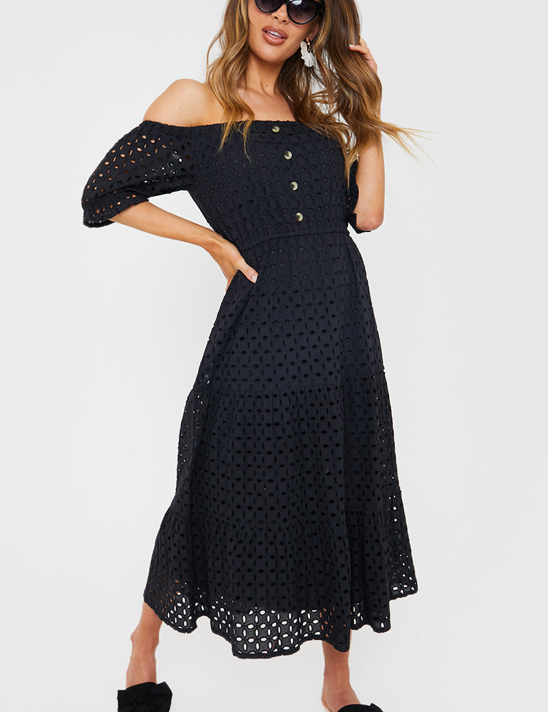 Broderie Anglaise Bardot Tiered Midi Dress