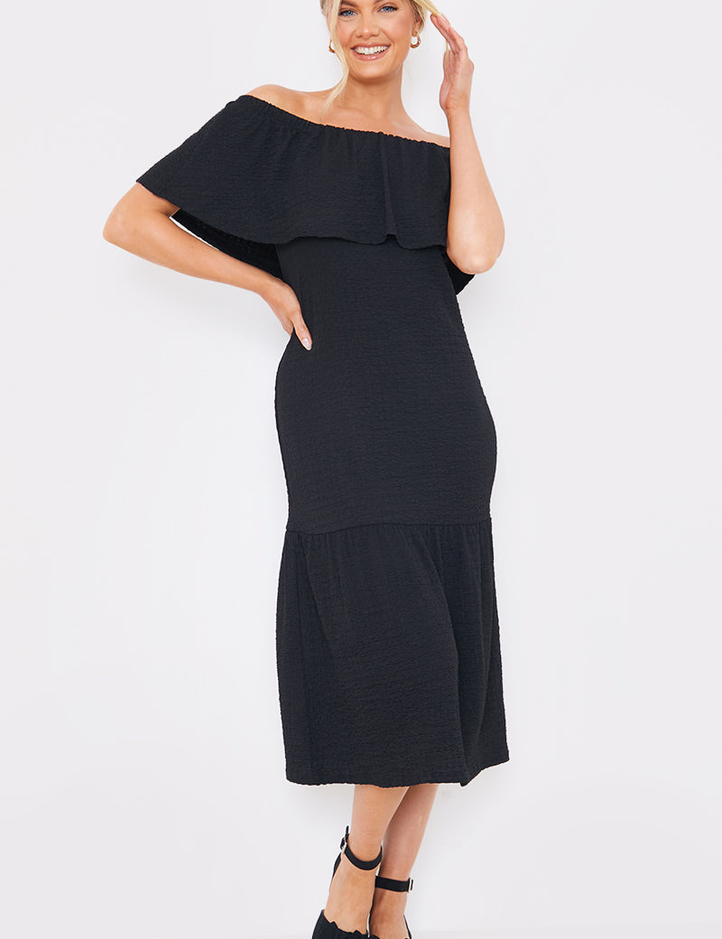 Textured Frill Bardot Midi Dress