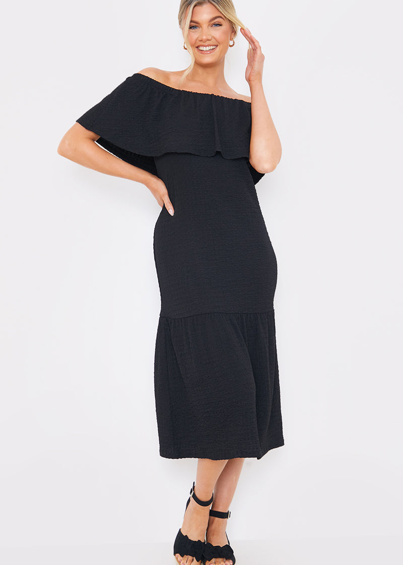 Textured Frill Bardot Midi Dress