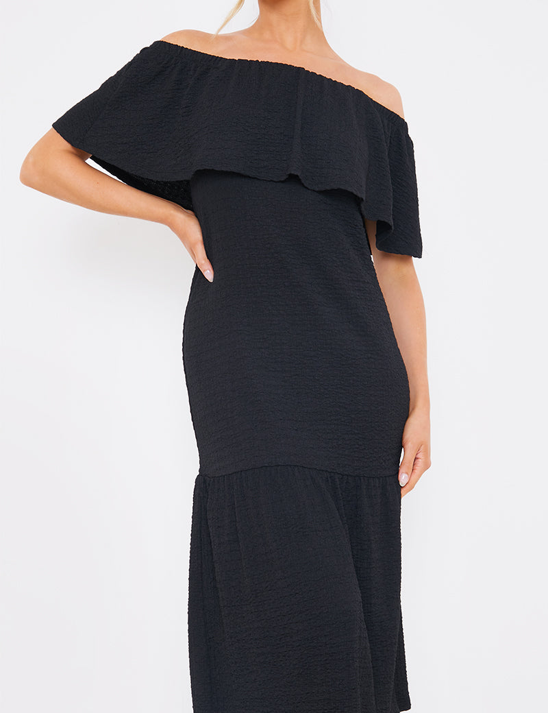 Textured Frill Bardot Midi Dress