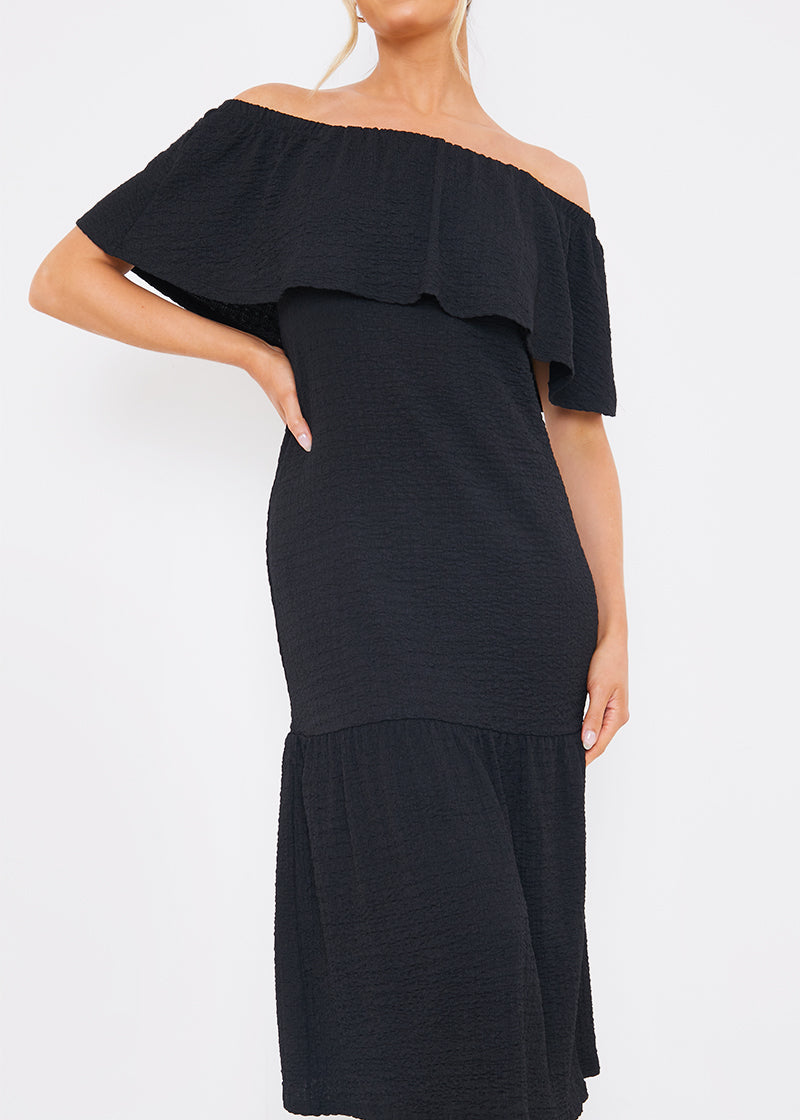Textured Frill Bardot Midi Dress