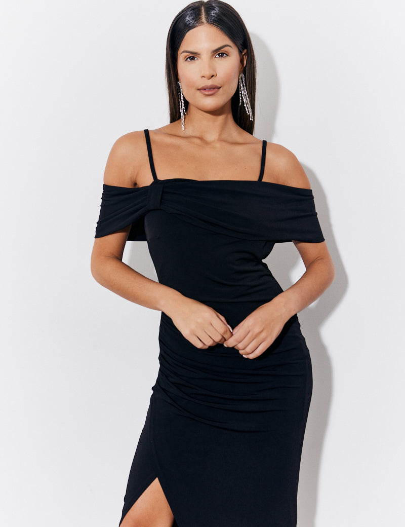Black Magic Sculpting Strappy Bardot Midi Dress