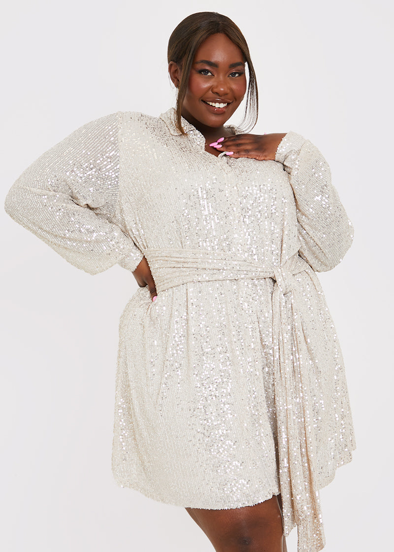 Silver Sequin Tie Drape Dress
