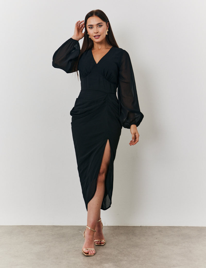 Chiffon Long Sleeve Slit Detail Midi Dress
