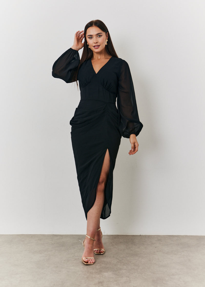 Chiffon Long Sleeve Slit Detail Midi Dress
