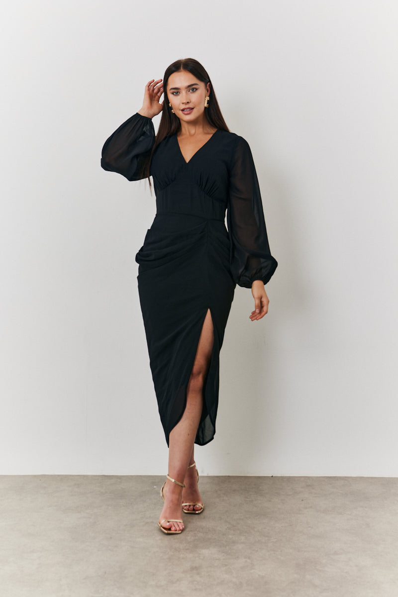 Chiffon Long Sleeve Slit Detail Midi Dress