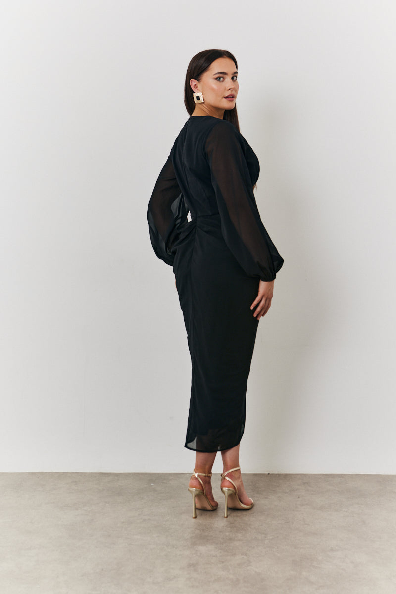 Chiffon Long Sleeve Slit Detail Midi Dress