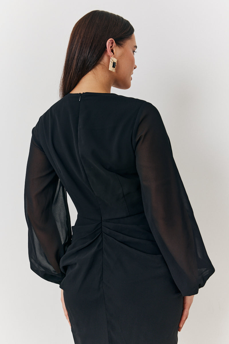 Chiffon Long Sleeve Slit Detail Midi Dress