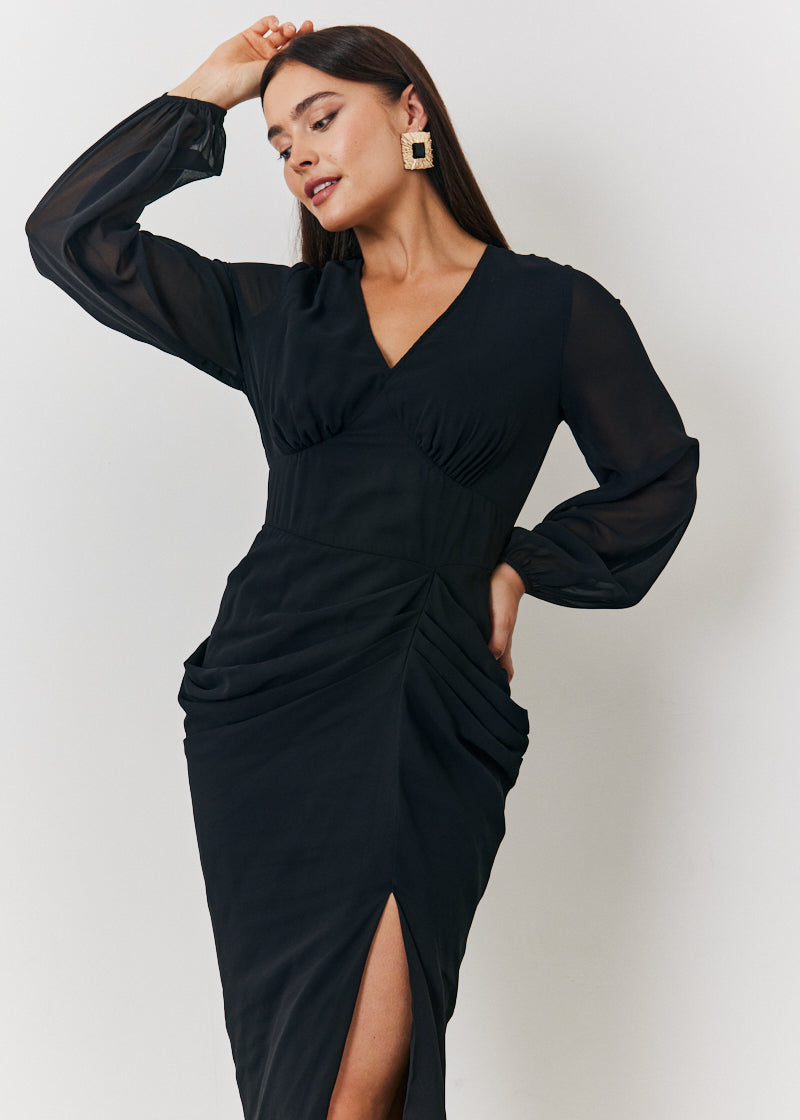Chiffon Long Sleeve Slit Detail Midi Dress