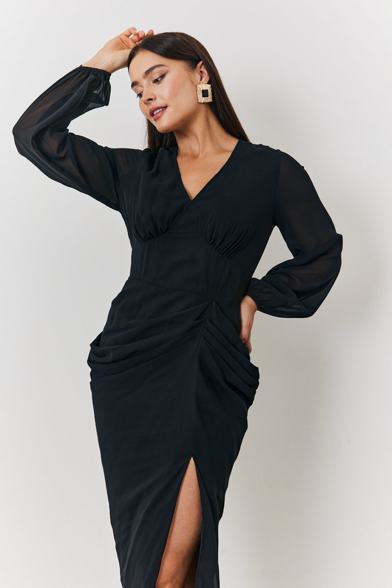 Chiffon Long Sleeve Slit Detail Midi Dress