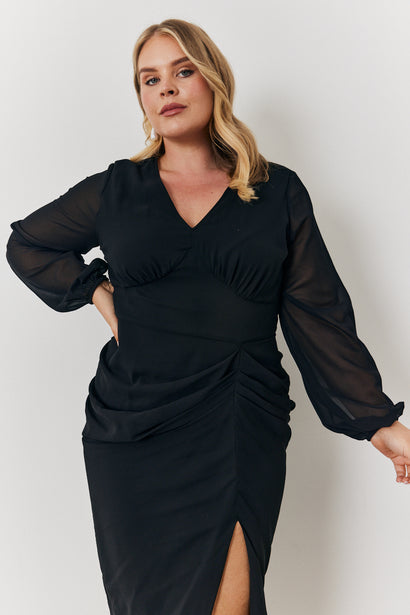 Chiffon Off-The-Shoulder Long Sleeves Dresses with Slit Red