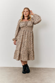 Ditsy Floral Tiered Midi Dress with Ruched Bust and Tie Front Detail