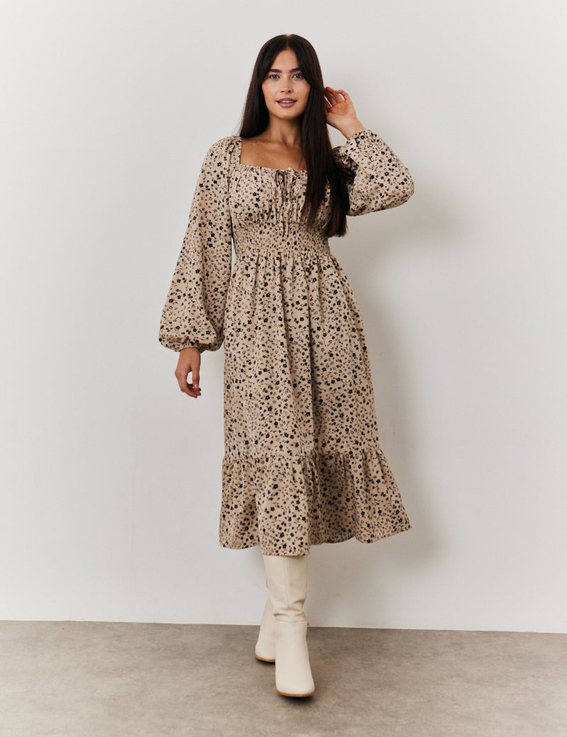 Ditsy Floral Tiered Midi Dress with Ruched Bust and Tie Front Detail