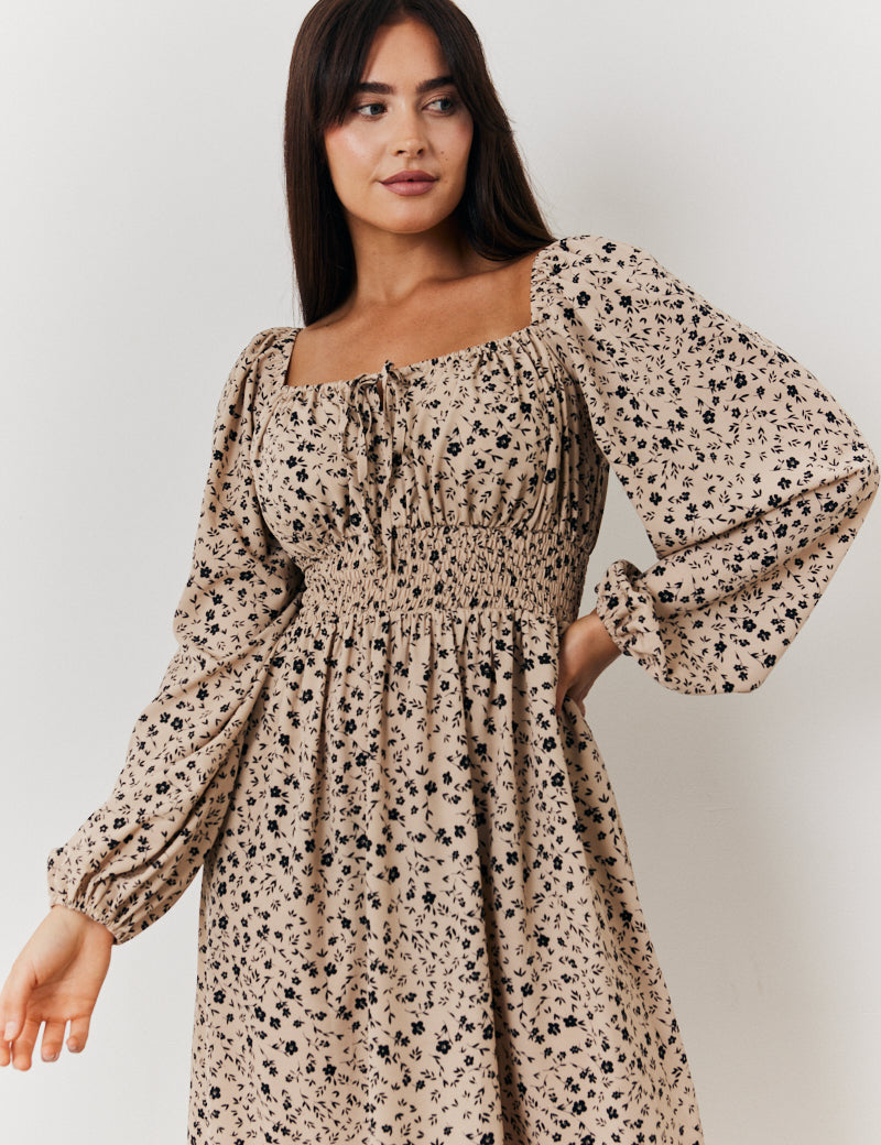 Ditsy Floral Tiered Midi Dress with Ruched Bust and Tie Front Detail